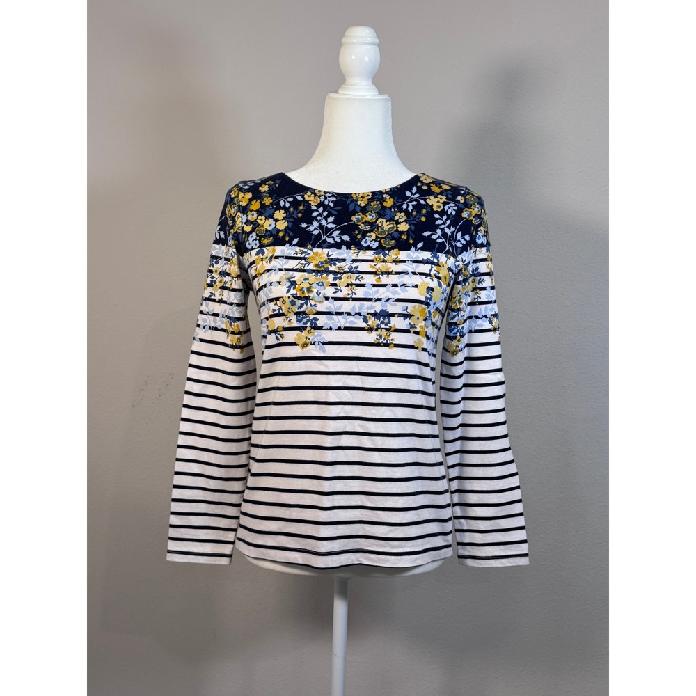 Joules Harbour Top Women US 4 Navy White Stripe Floral Excellent Long Sleeve Tee